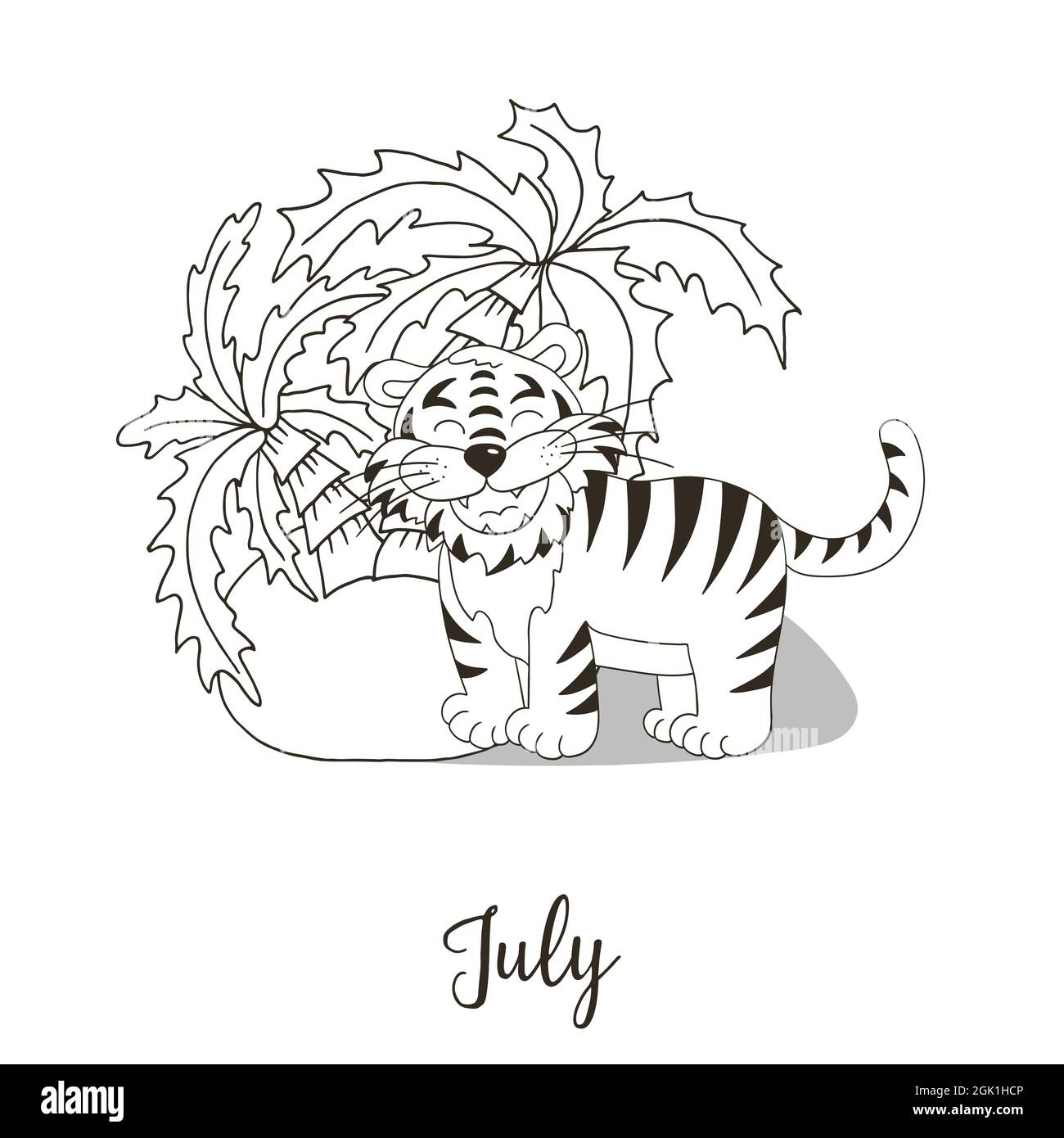 Sãmbolo del aão para la decoraciãn del calendario julio de aão nuevo del tigre segãºn el calendario chino o oriental colorear ilustraciãn en la mano imagen vector de stock