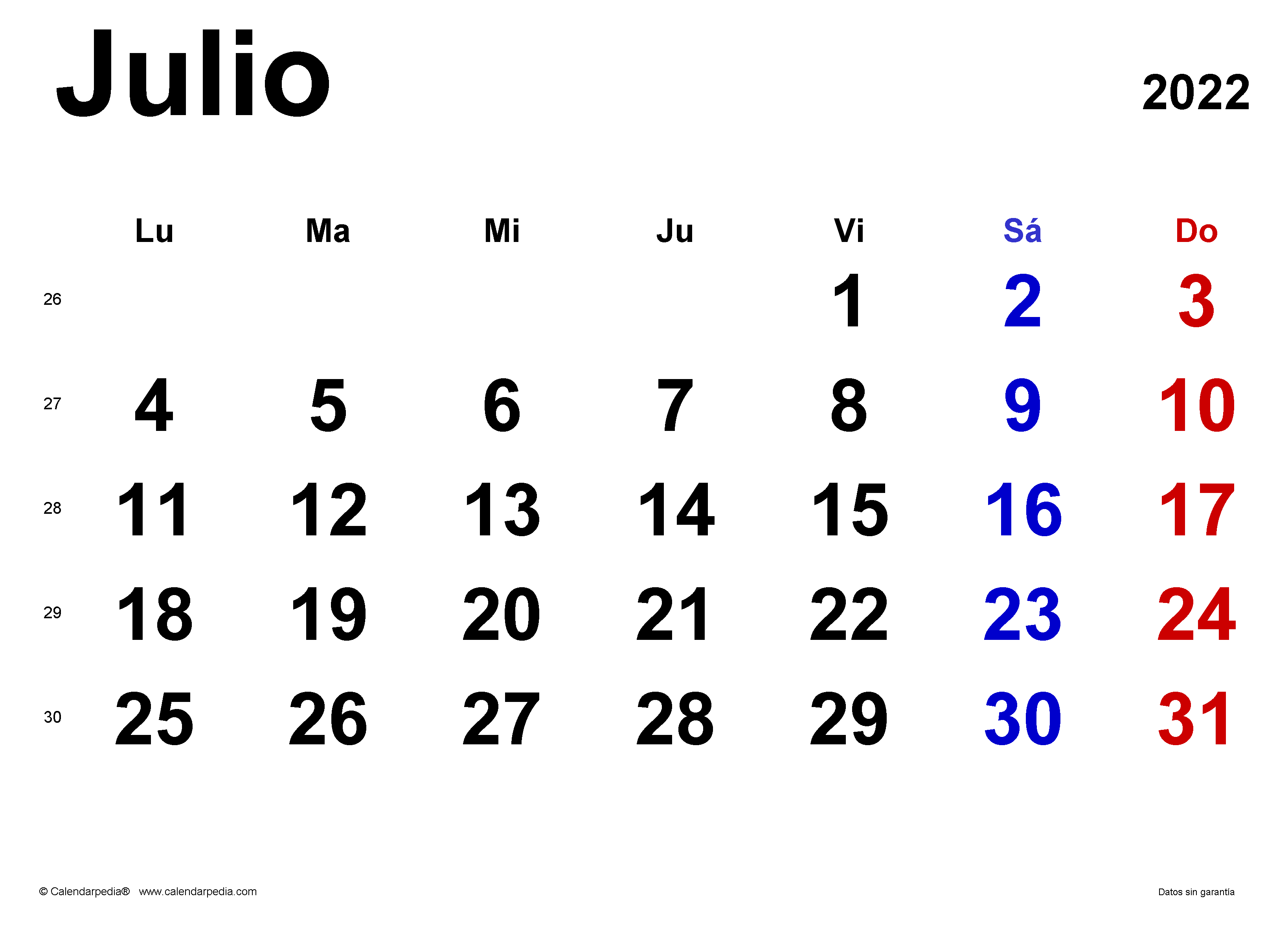 Calendario julio en word excel y pdf