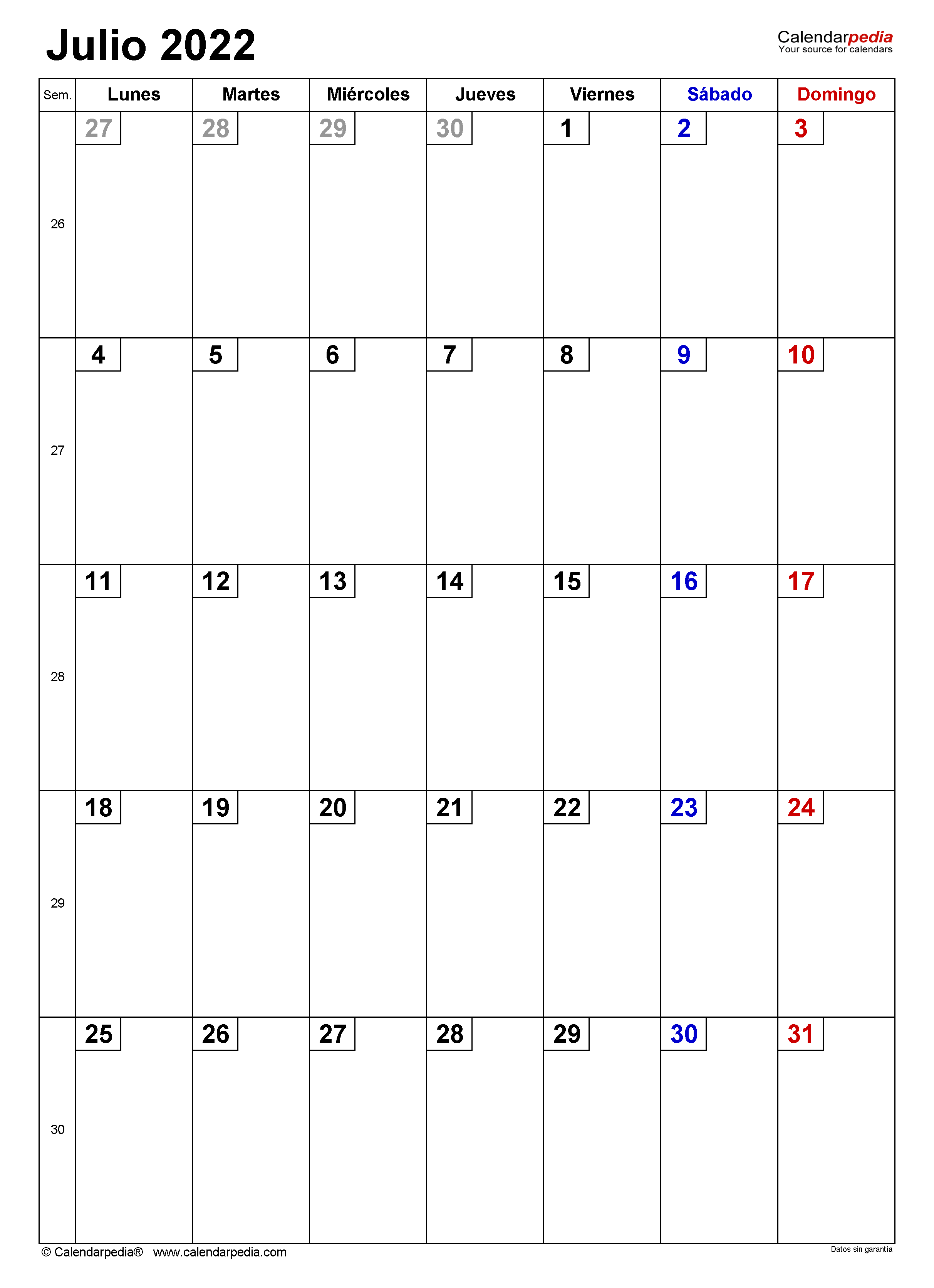 Calendario julio en word excel y pdf