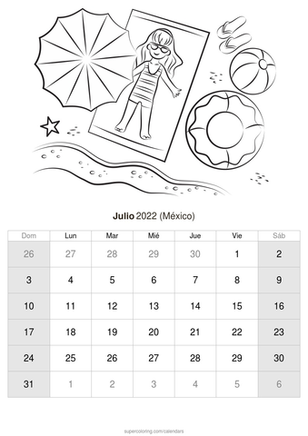 Calendario julio para imprimir mãxico