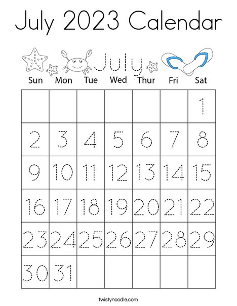 July calendar coloring page