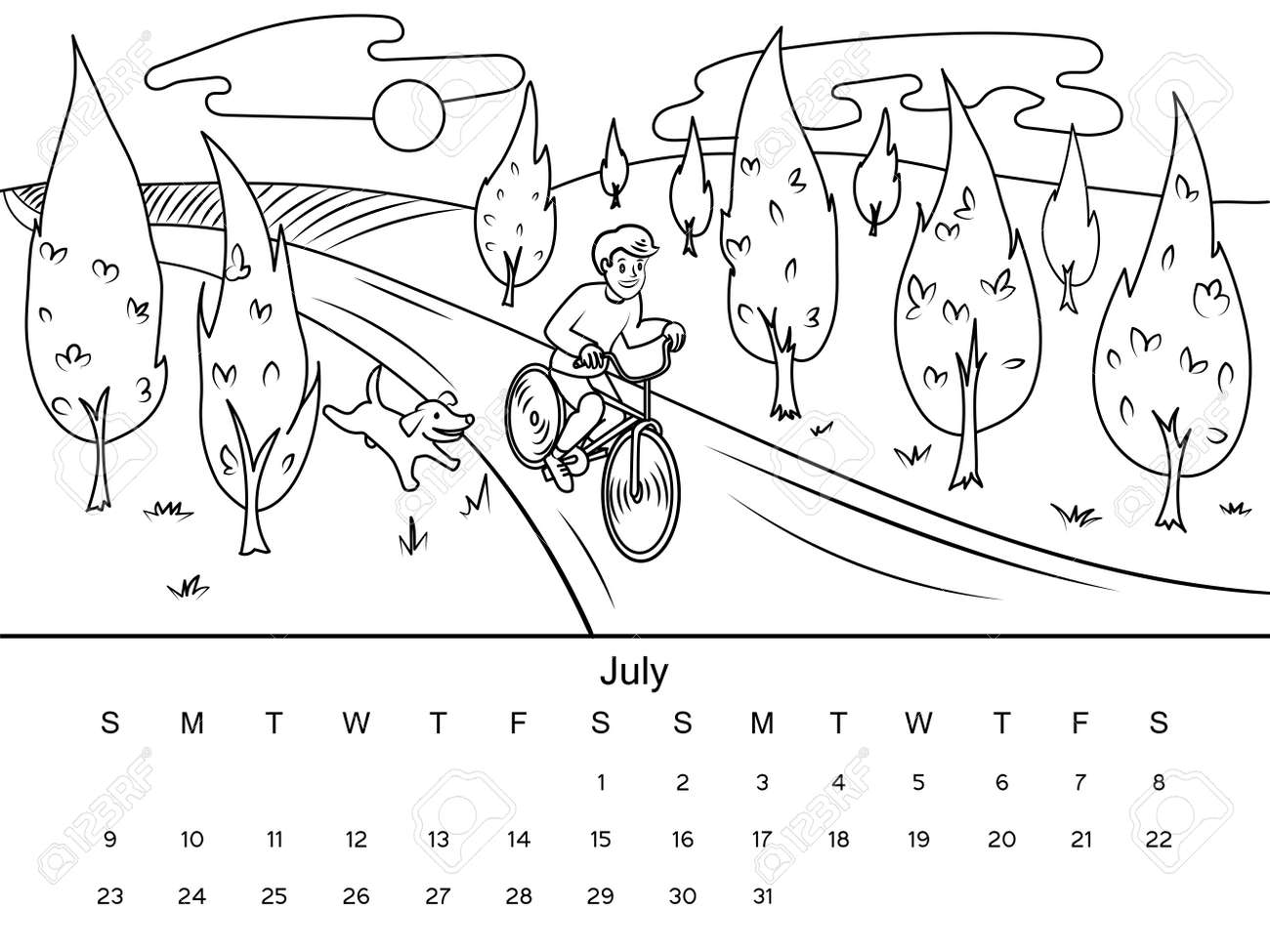 July calendar with coloring book image black and white drawing cartoon hand drawn vector illustration royalty free svg cliparts vectors and stock illustration image