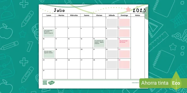 Calendario julio teacher