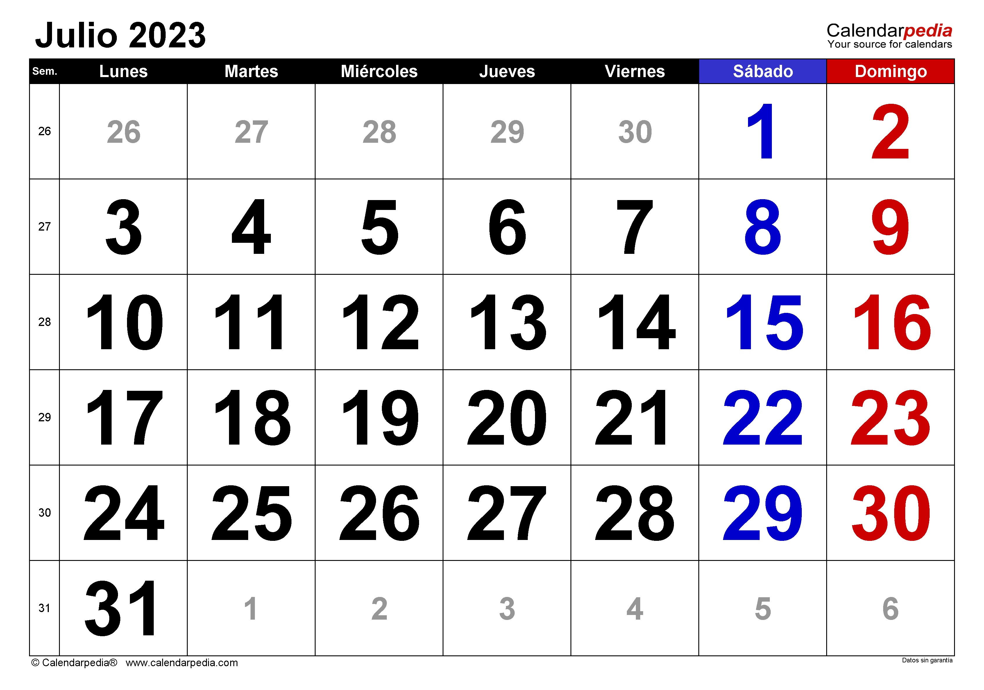 Calendario julio en word excel y pdf