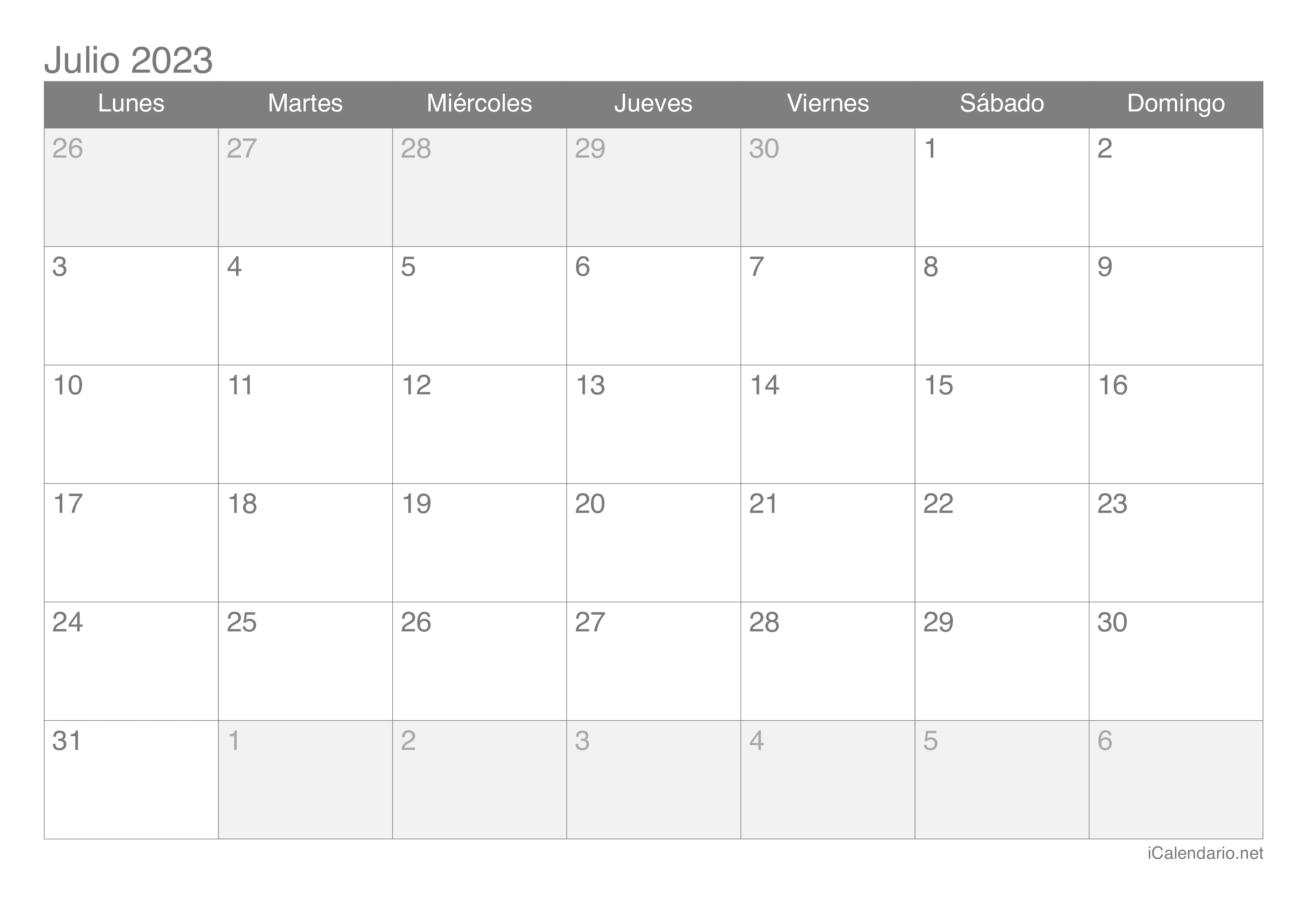 Calendario julio de para imprimir