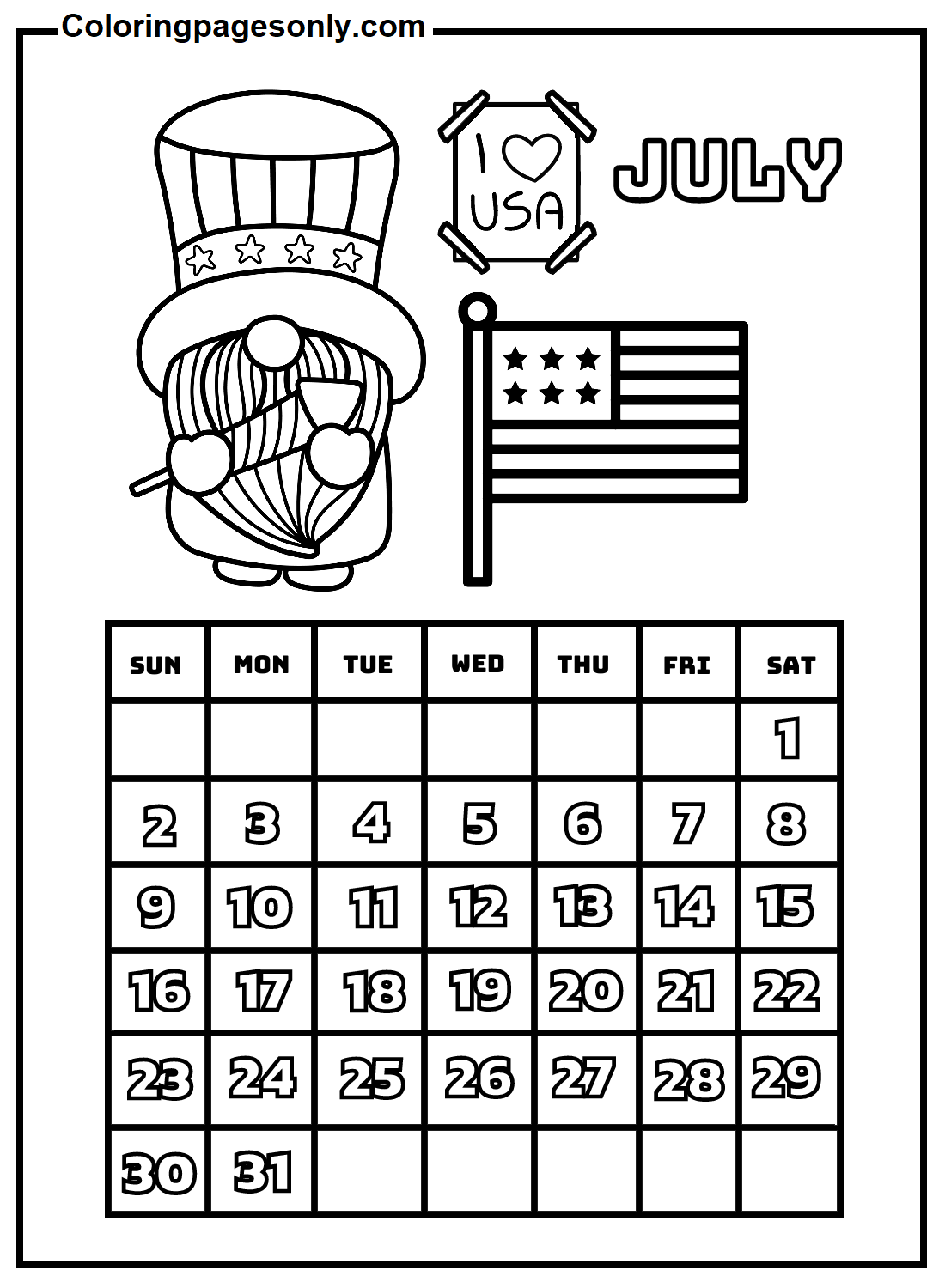 July calendar coloring page