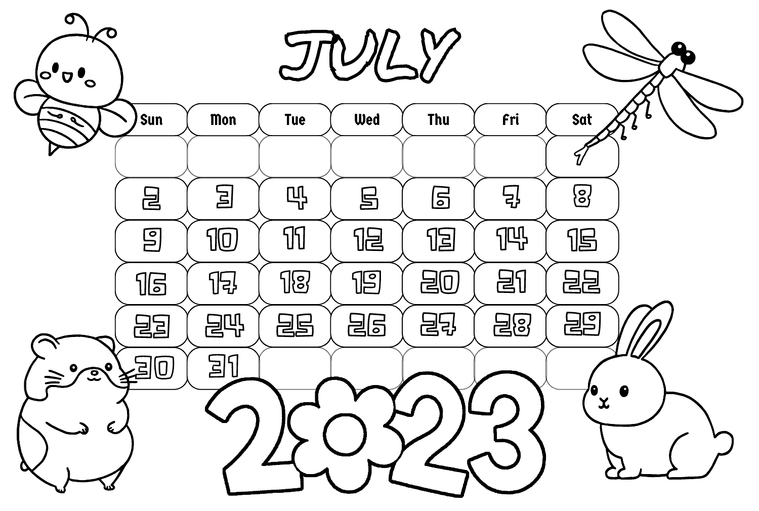 Calendar july coloring page