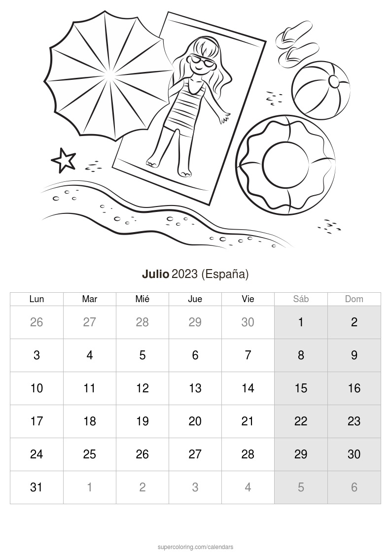 Calendario julio para imprimir espaãa