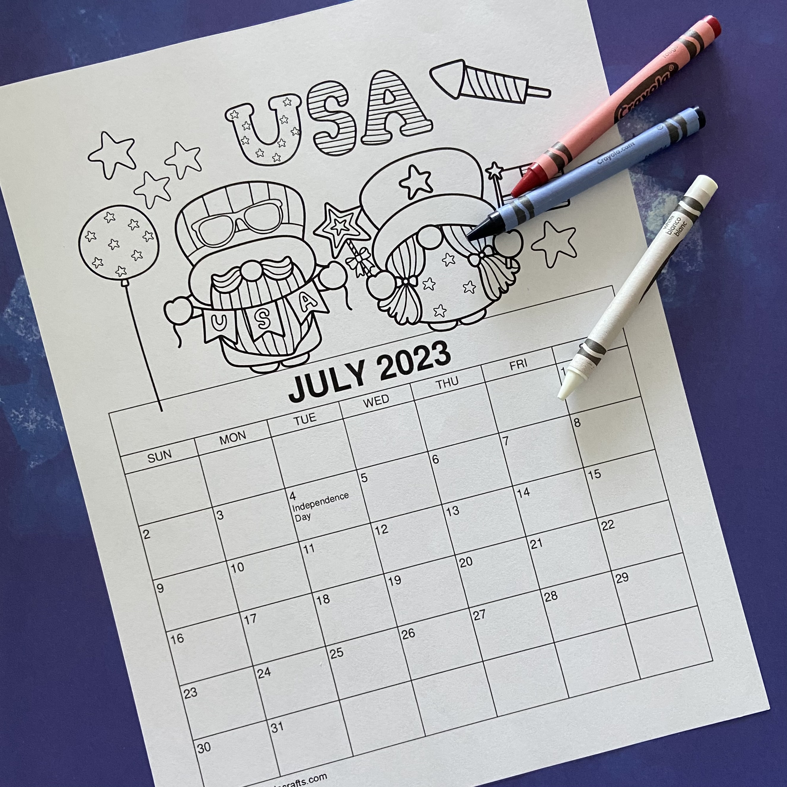 Printable july coloring calendar