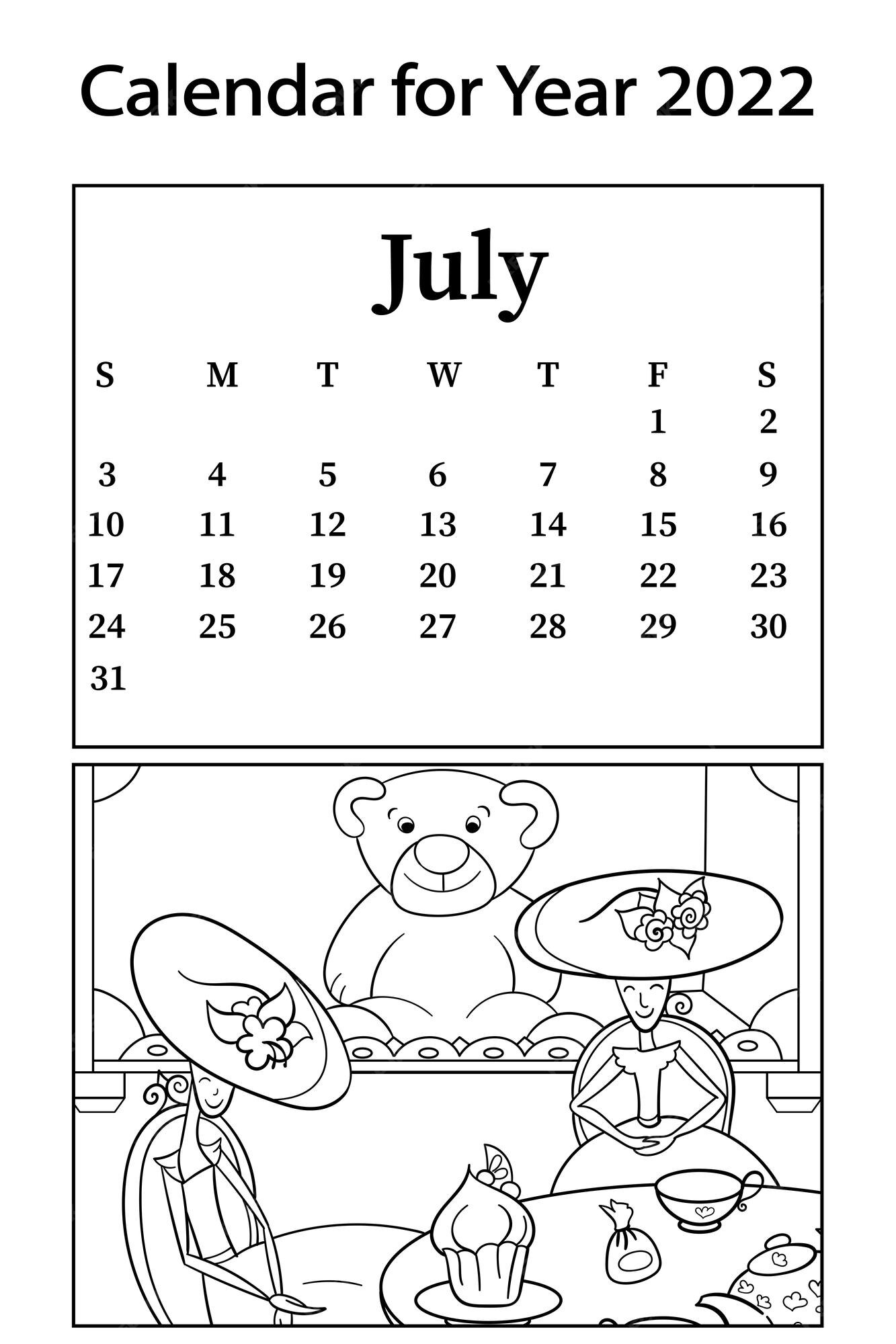 Premium vector calendar for month of july vector coloring book dollhouse with toys dolls tea party
