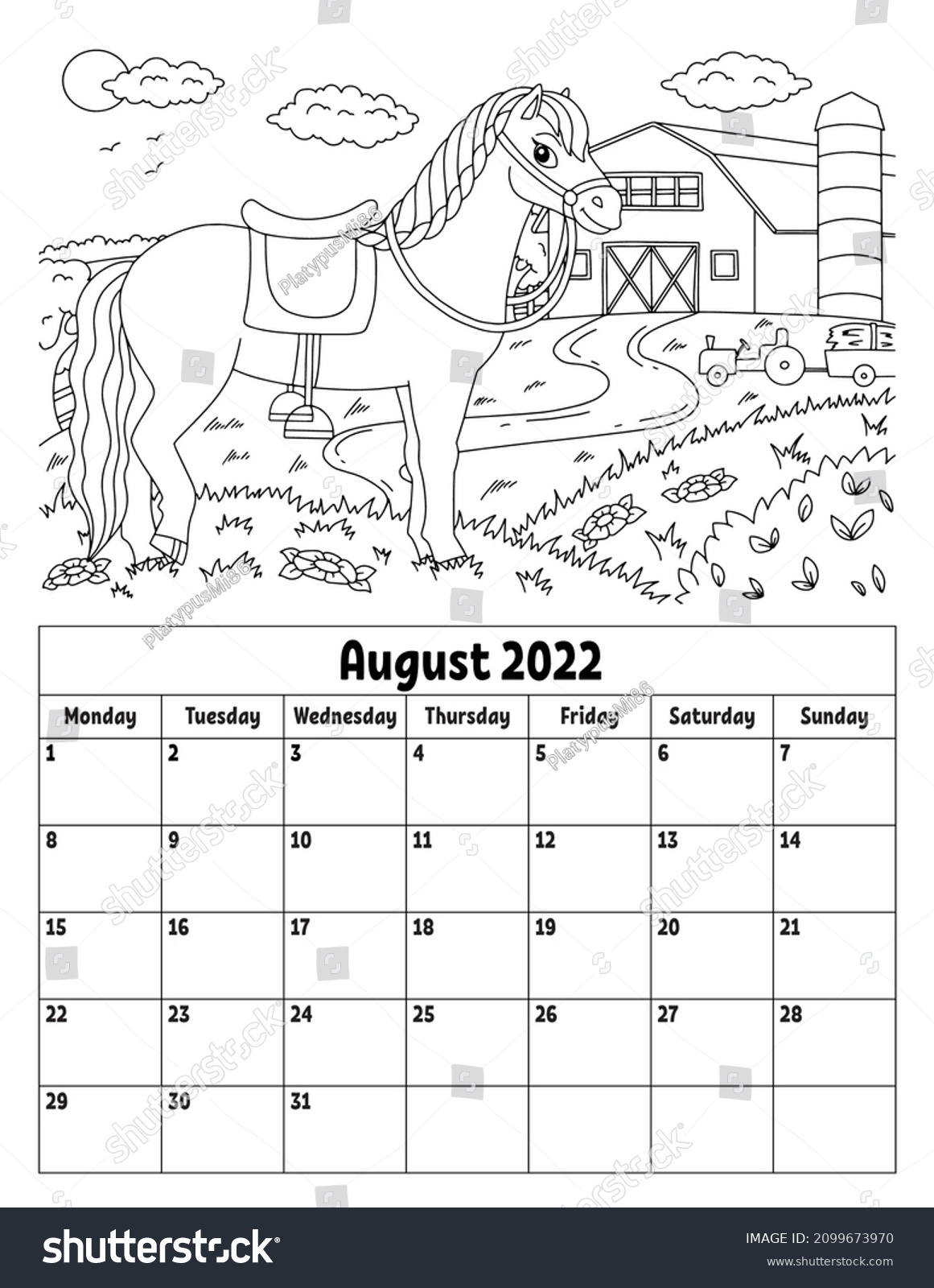 Vertical calendar cute character coloring stock vector royalty free