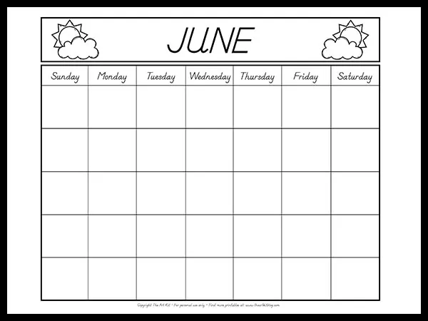 Free june calendar printable coloring page â the art kit