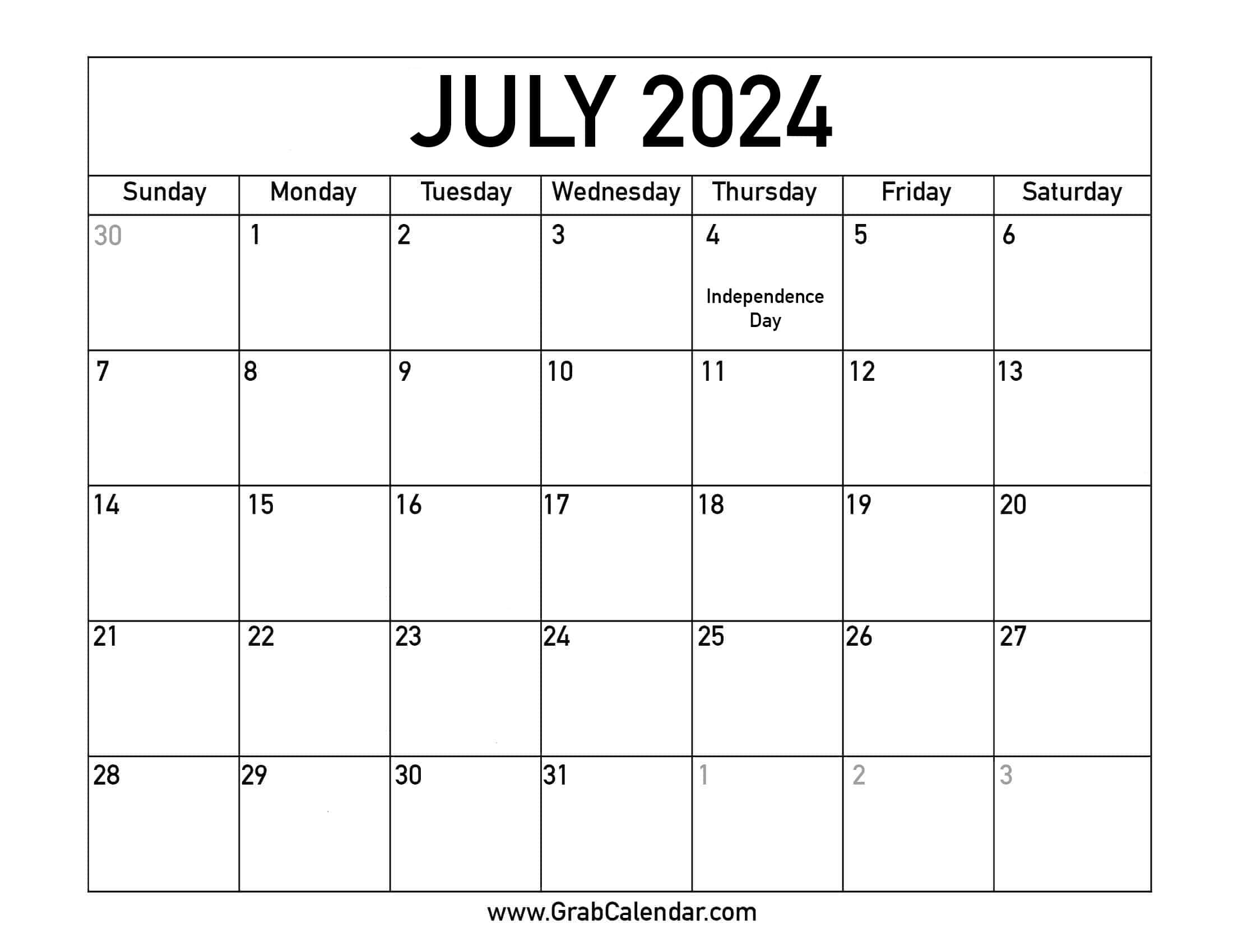 Printable july calendar