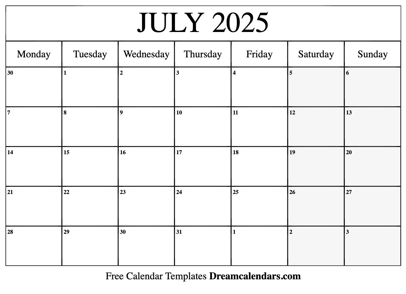 July calendar free blank printable with holidays