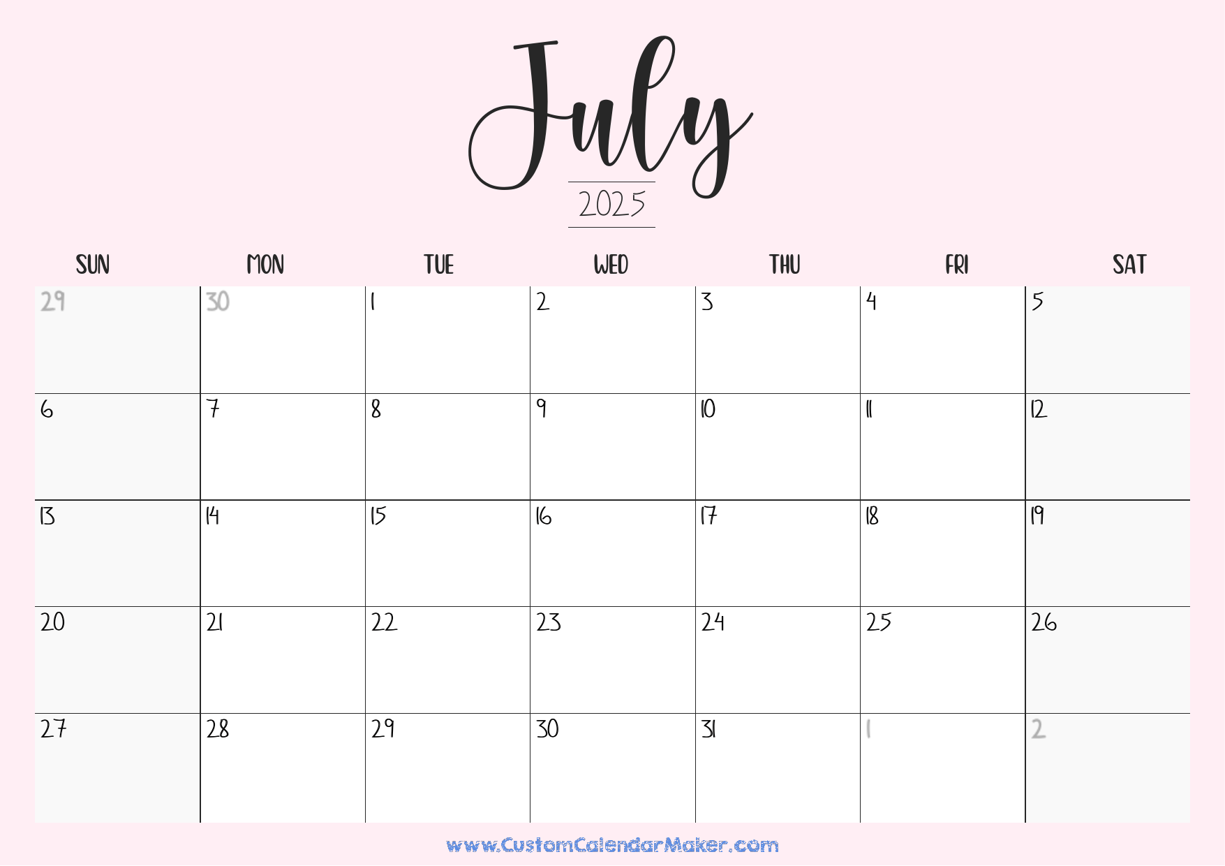 July printable calendar free templates pdf