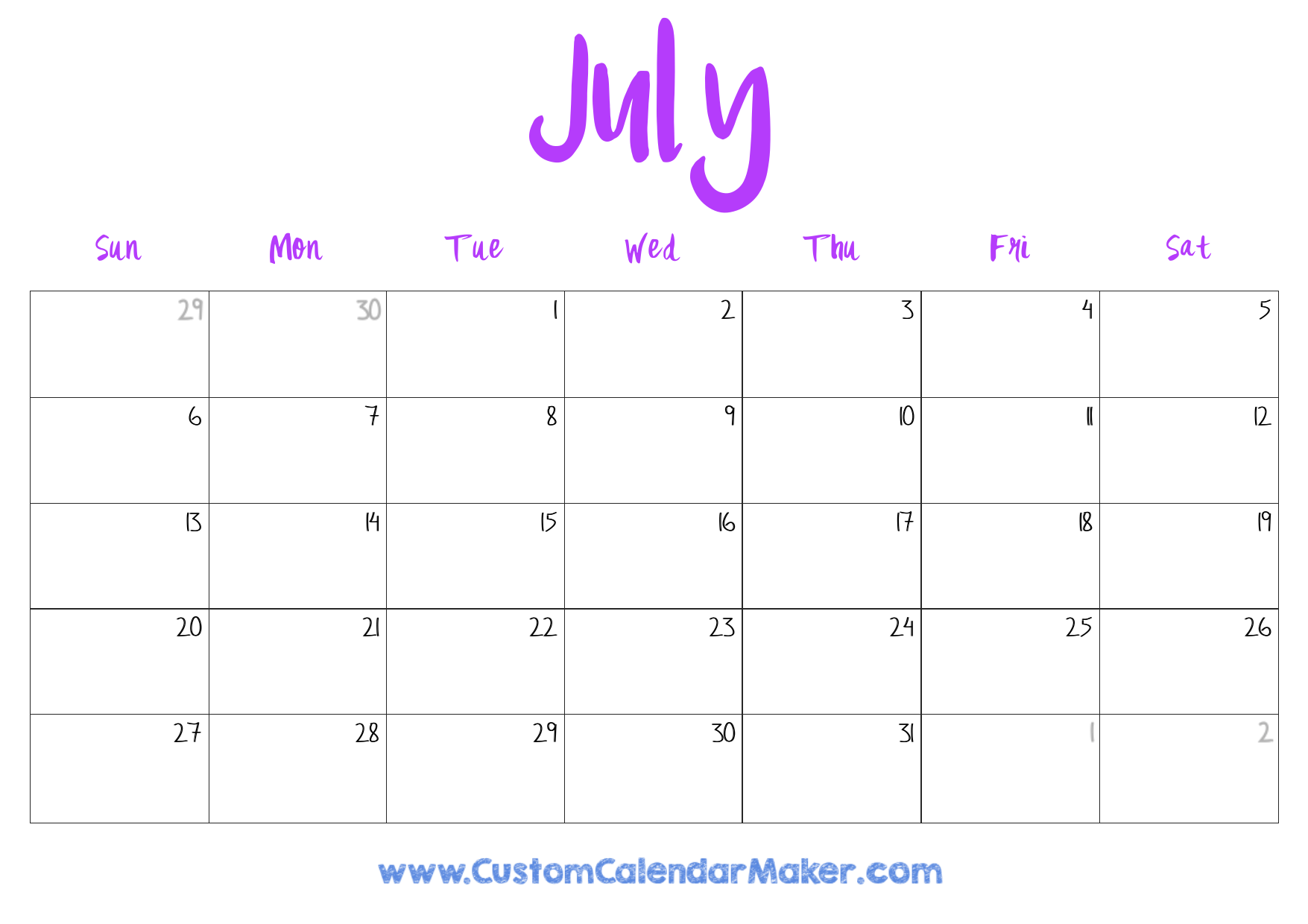 July printable calendar free templates pdf