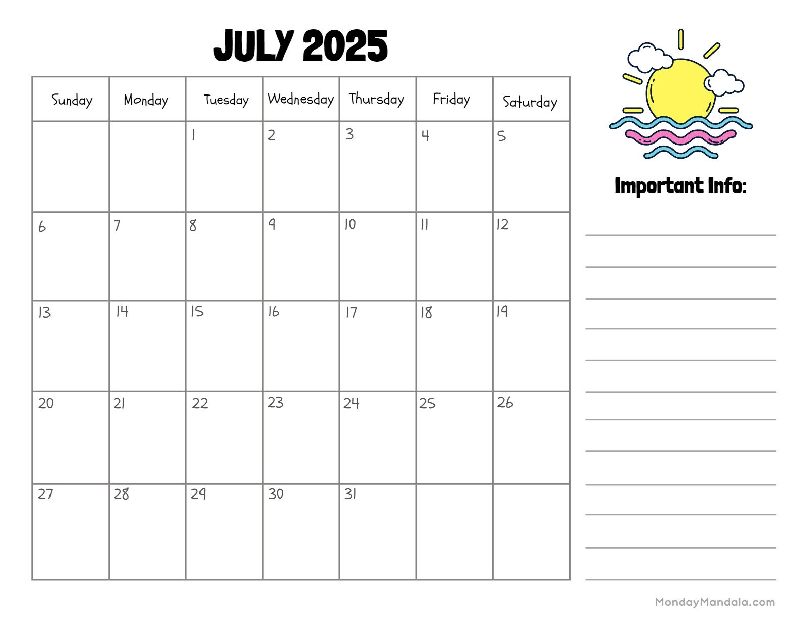 July printable calendar free pdf printables