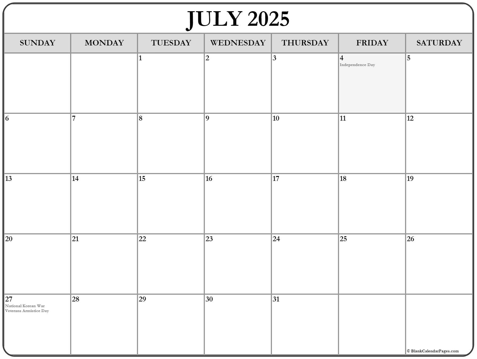 July with holidays calendar