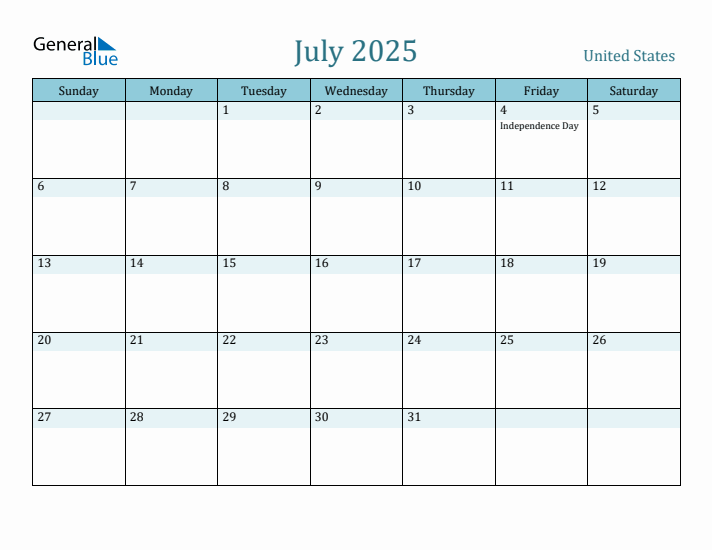 United states holiday calendar for july