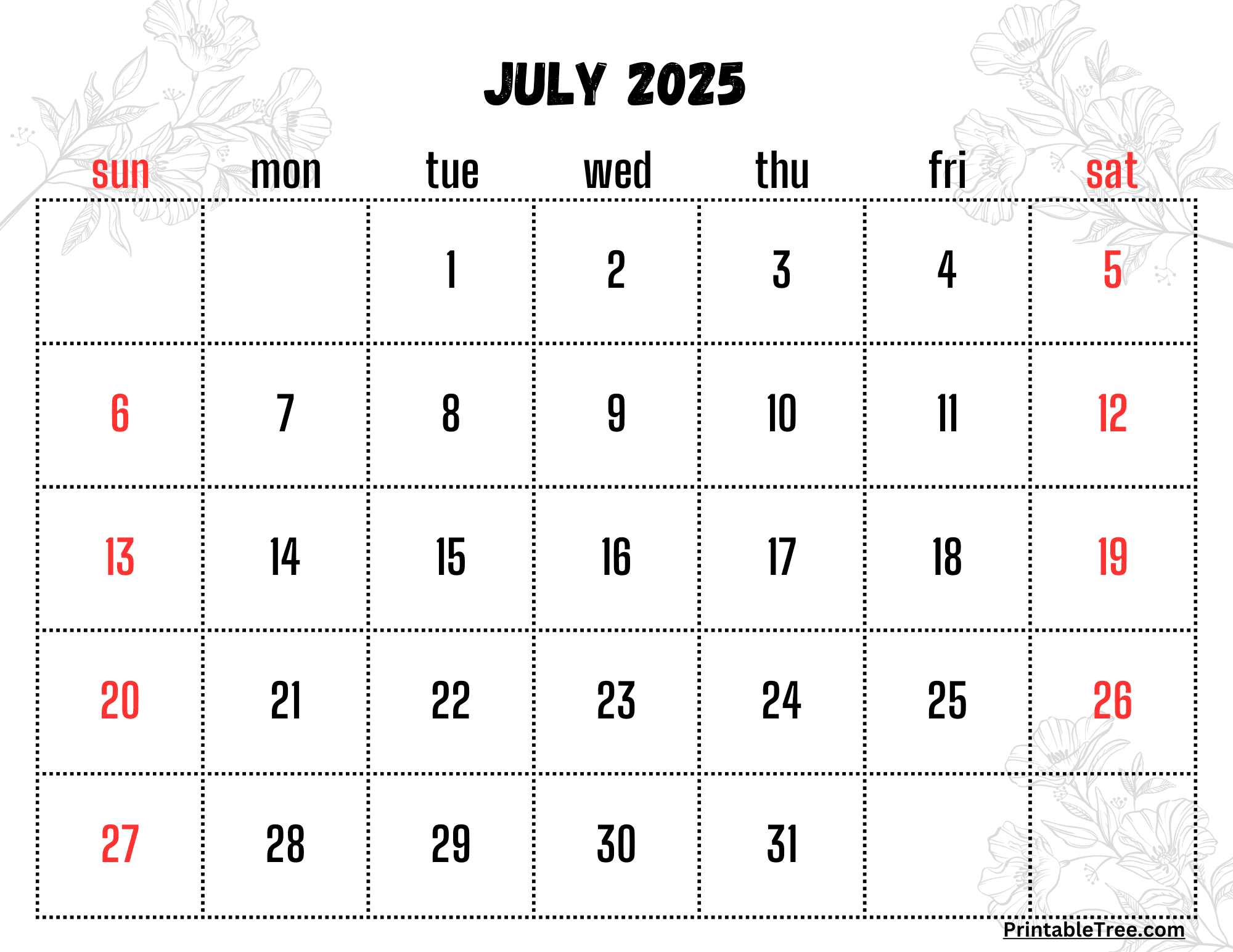 July calendar printable pdf template with holidays