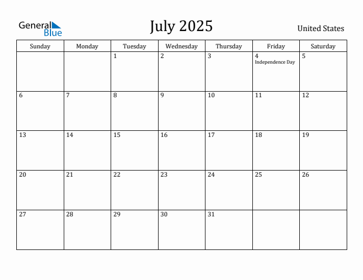 July monthly calendar with united states holidays