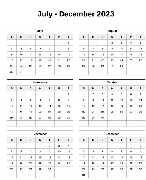 July to december calendar â months page printable calendar july calendar minimal calendar