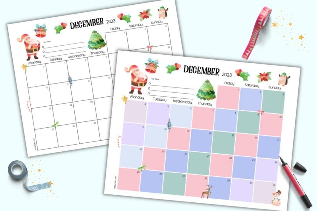 Free printable december calendar