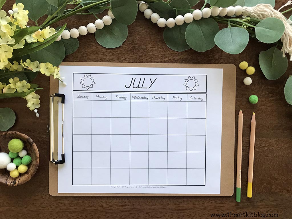 July undated monthly calendar coloring page download free printables â the art kit