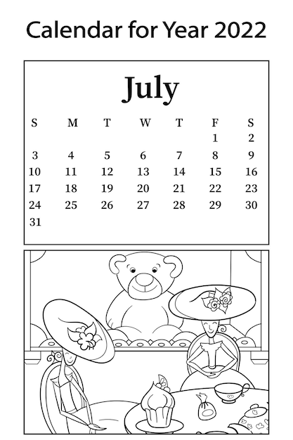 Premium vector calendar for month of july vector coloring book dollhouse with toys dolls tea party