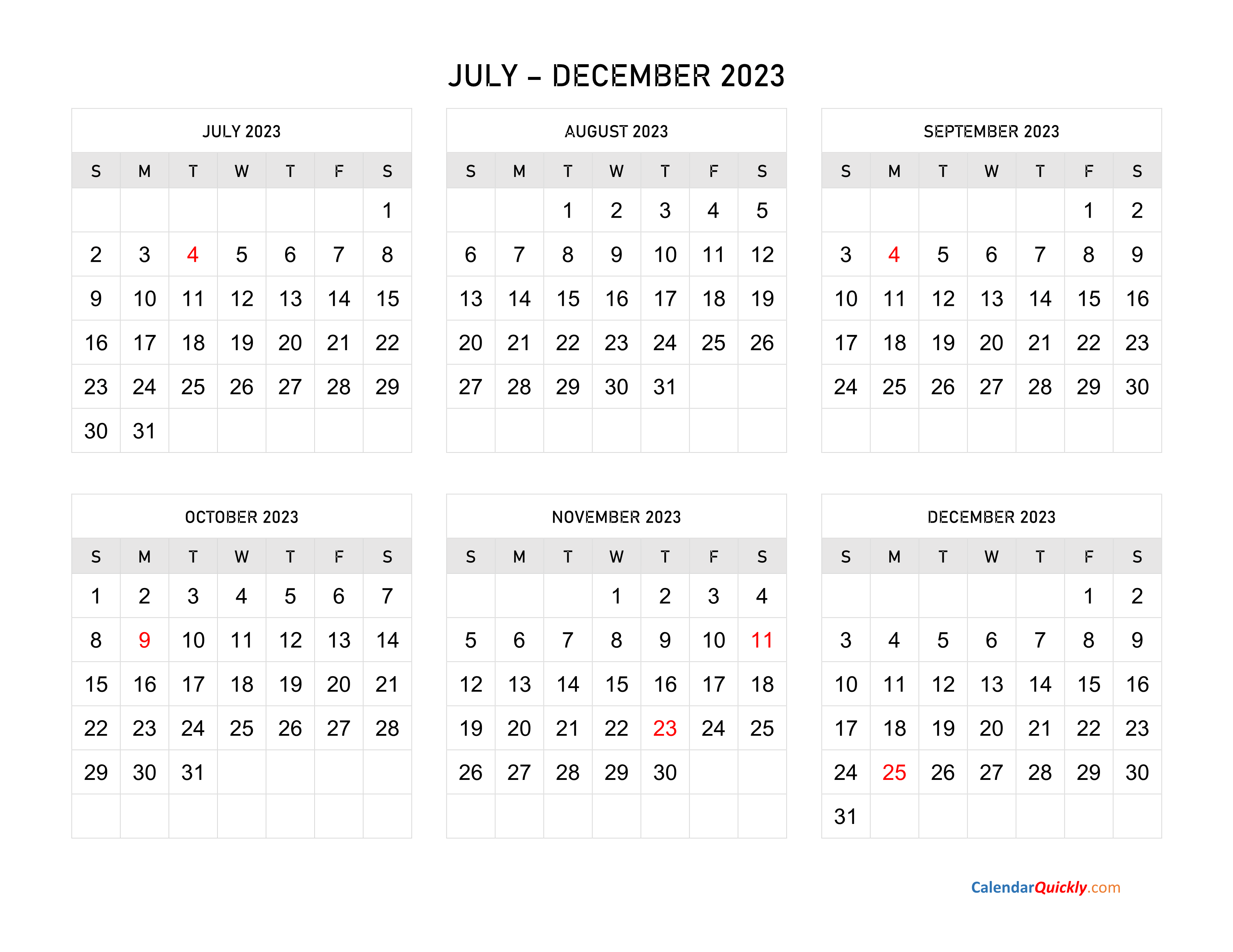 July to december calendar horizontal calendar quickly