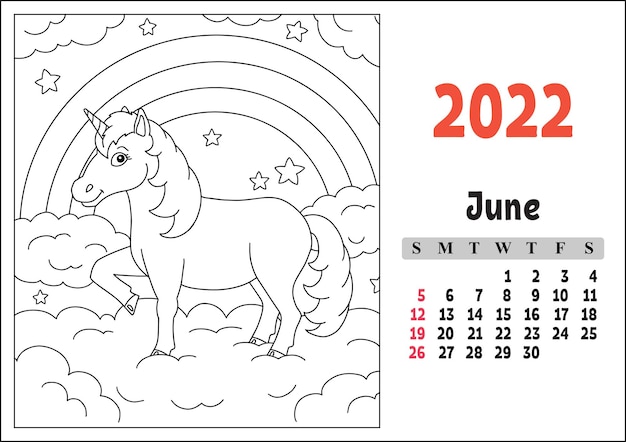 Premium vector calendar for with a cute character fairy unicorn coloring page