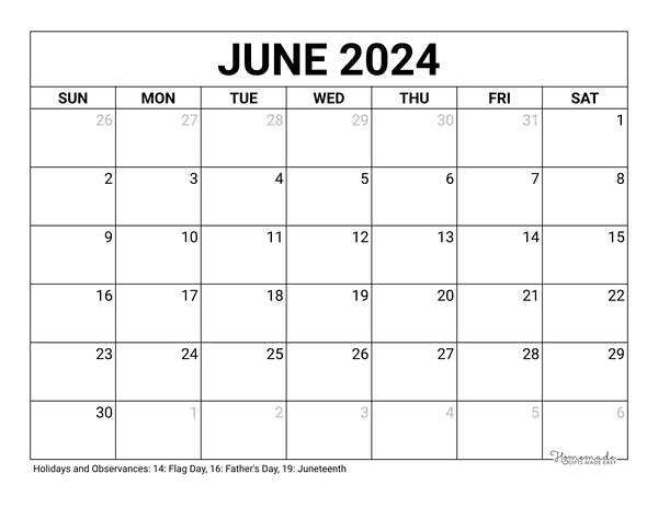 June calendar free printable with holidays