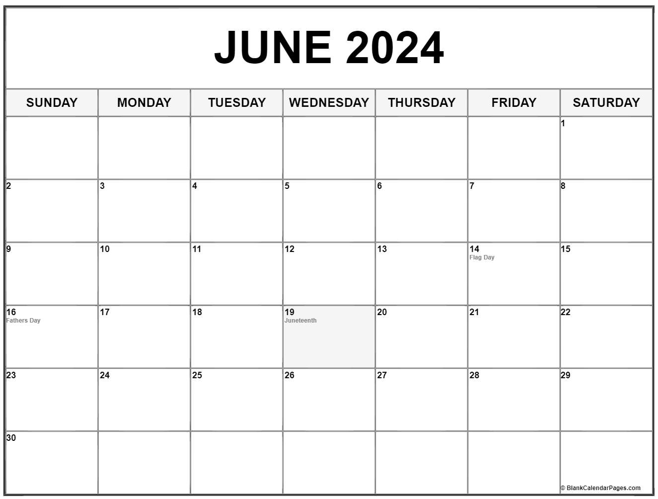 June with holidays calendar