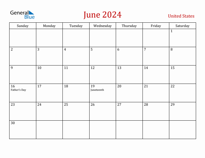 June monthly calendar with united states holidays