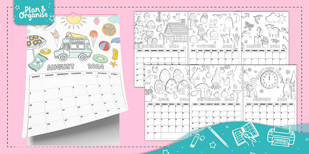 Colouring monthly calendar planners organisers