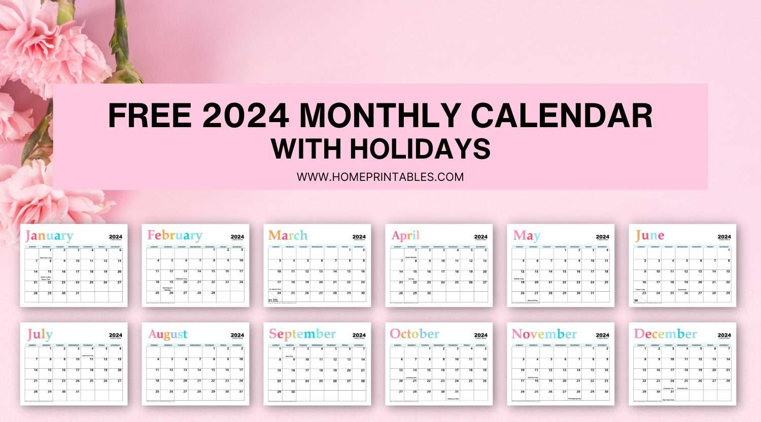 Free printable monthly calendar with holidays