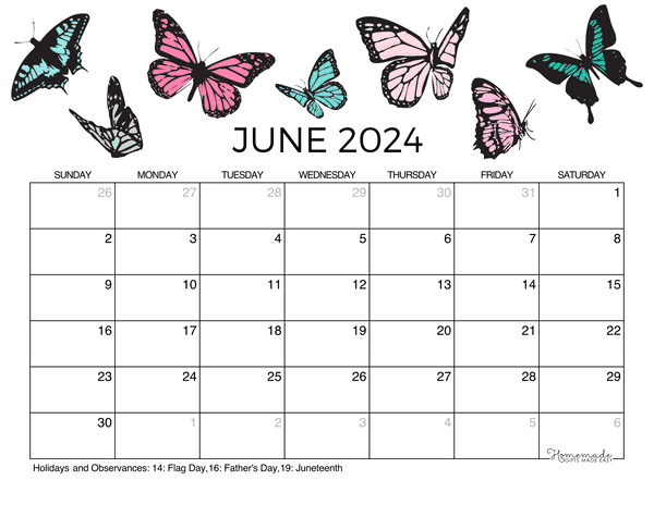 June calendar free printable with holidays