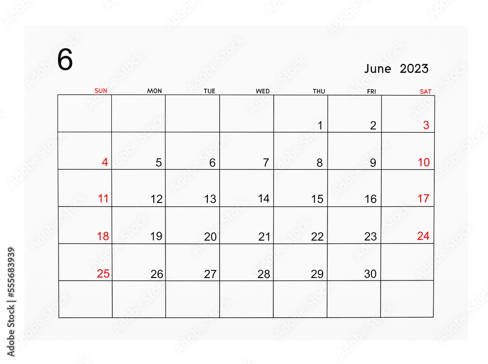 A june calendar page isolated on white background saved clipping path photo