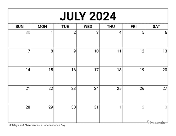 July calendar free printable with holidays