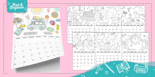 Colouring monthly calendar planners organisers