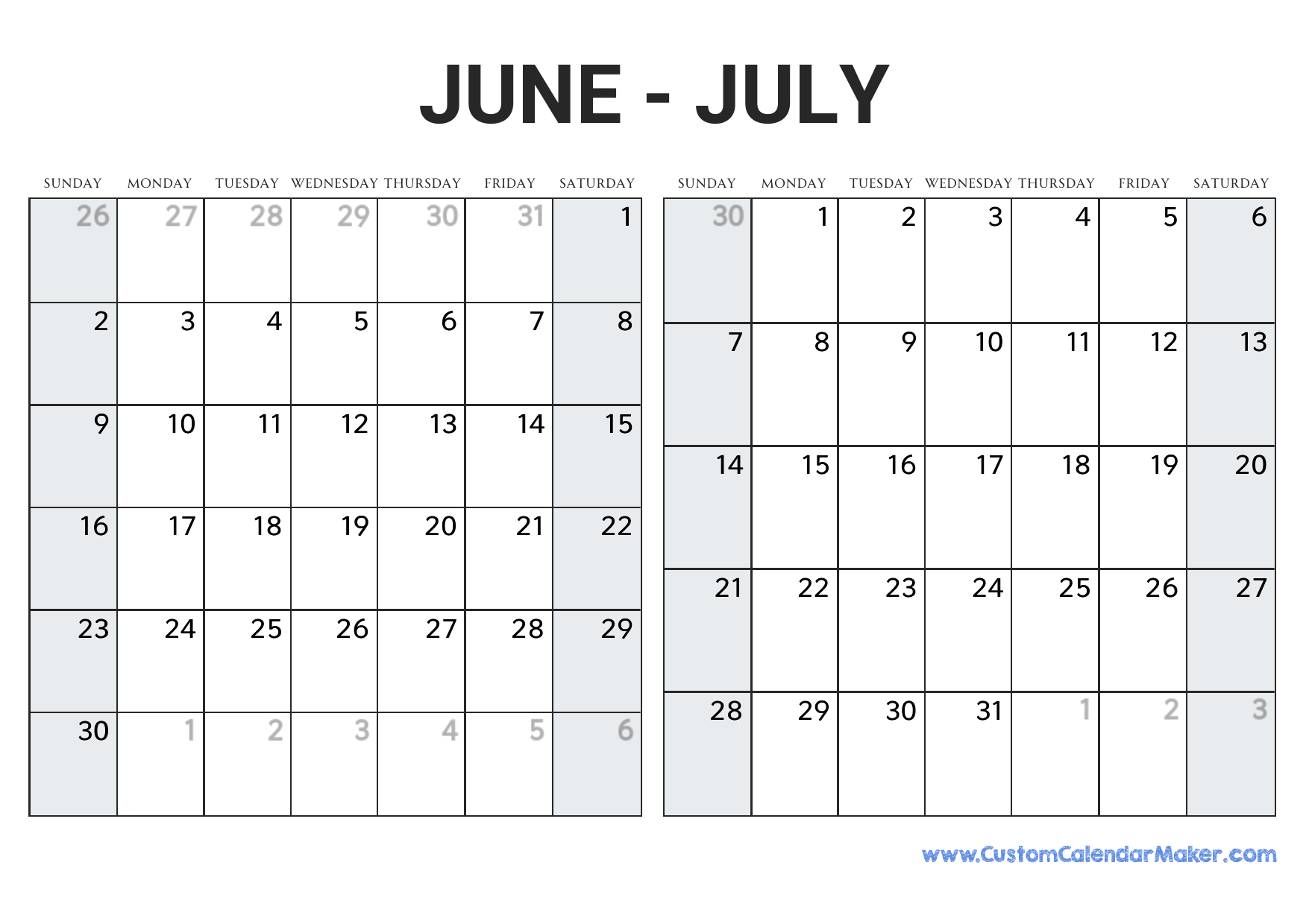 June and july printable calendar template