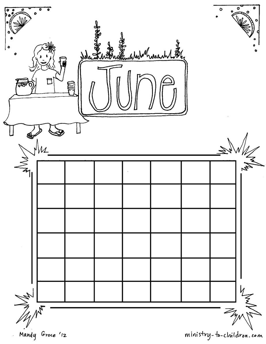 June coloring sheet calendar for kids