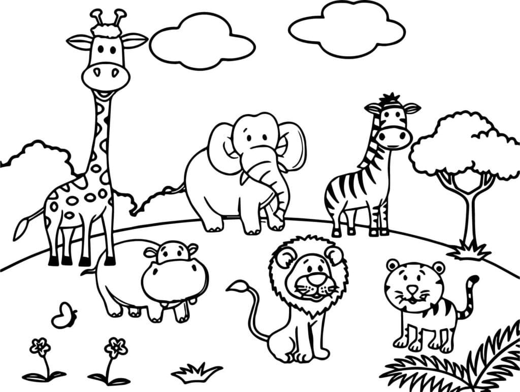 Little jungle animals coloring page