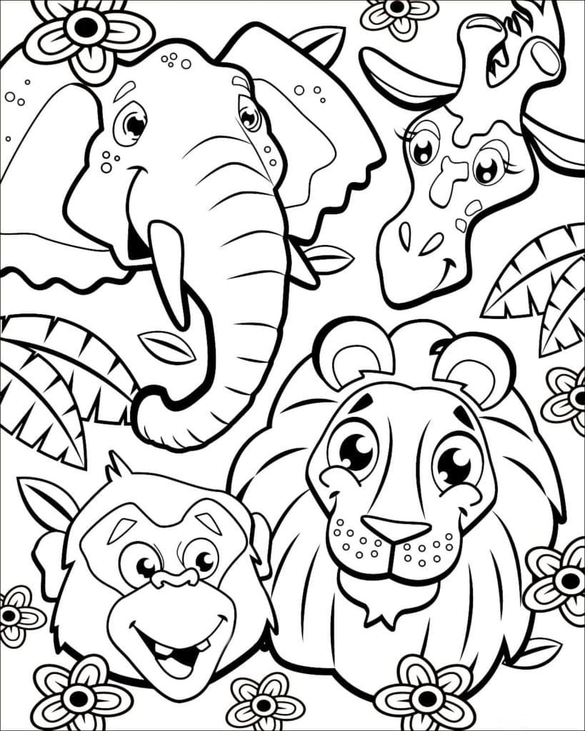 Very happy jungle animals coloring page