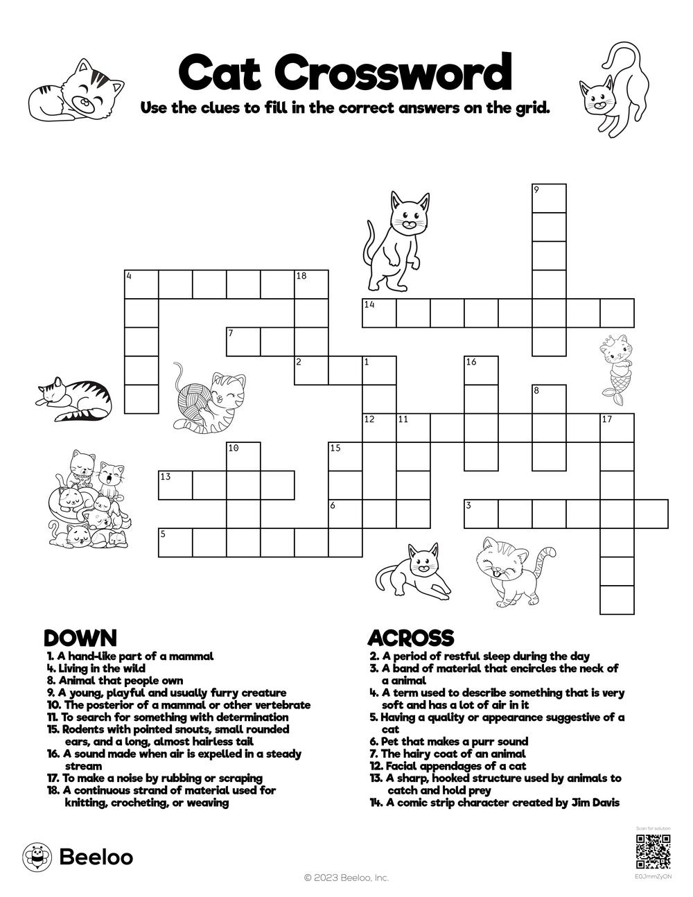 Cat crossword â printable crafts and activities for kids