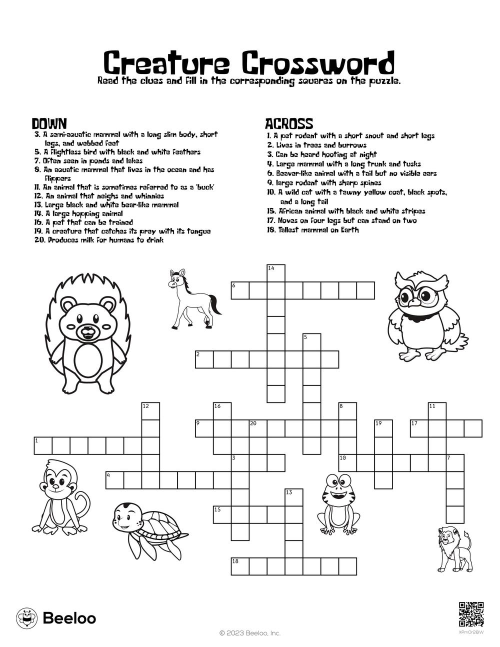 Creature crossword â printable crafts and activities for kids