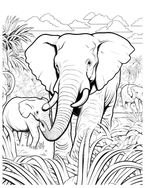 Premium vector an elephant in the jungle coloring page