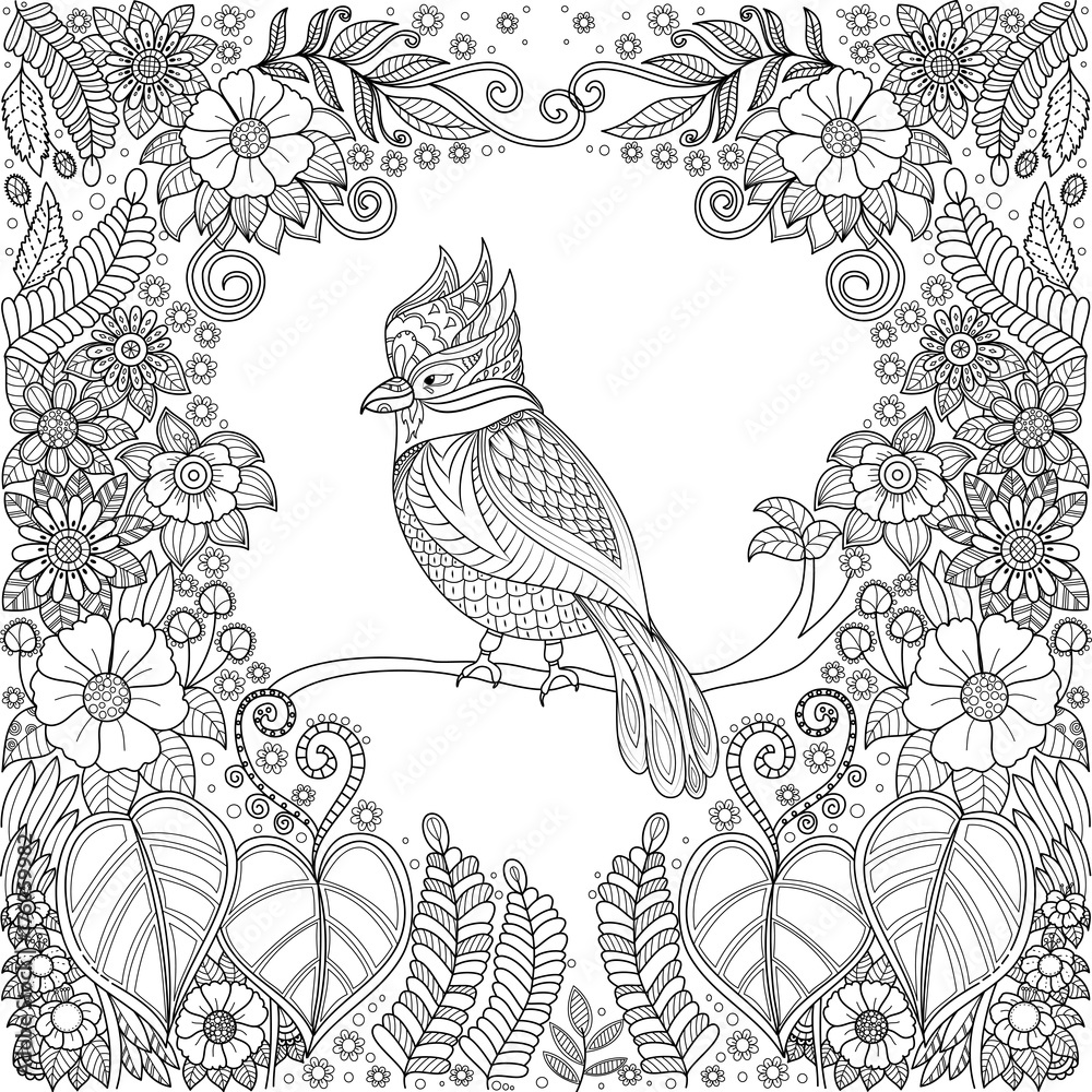 Tropical bird zentangle in jungle with flowers for adult coloring book pagevector illustrationhand drawn vector