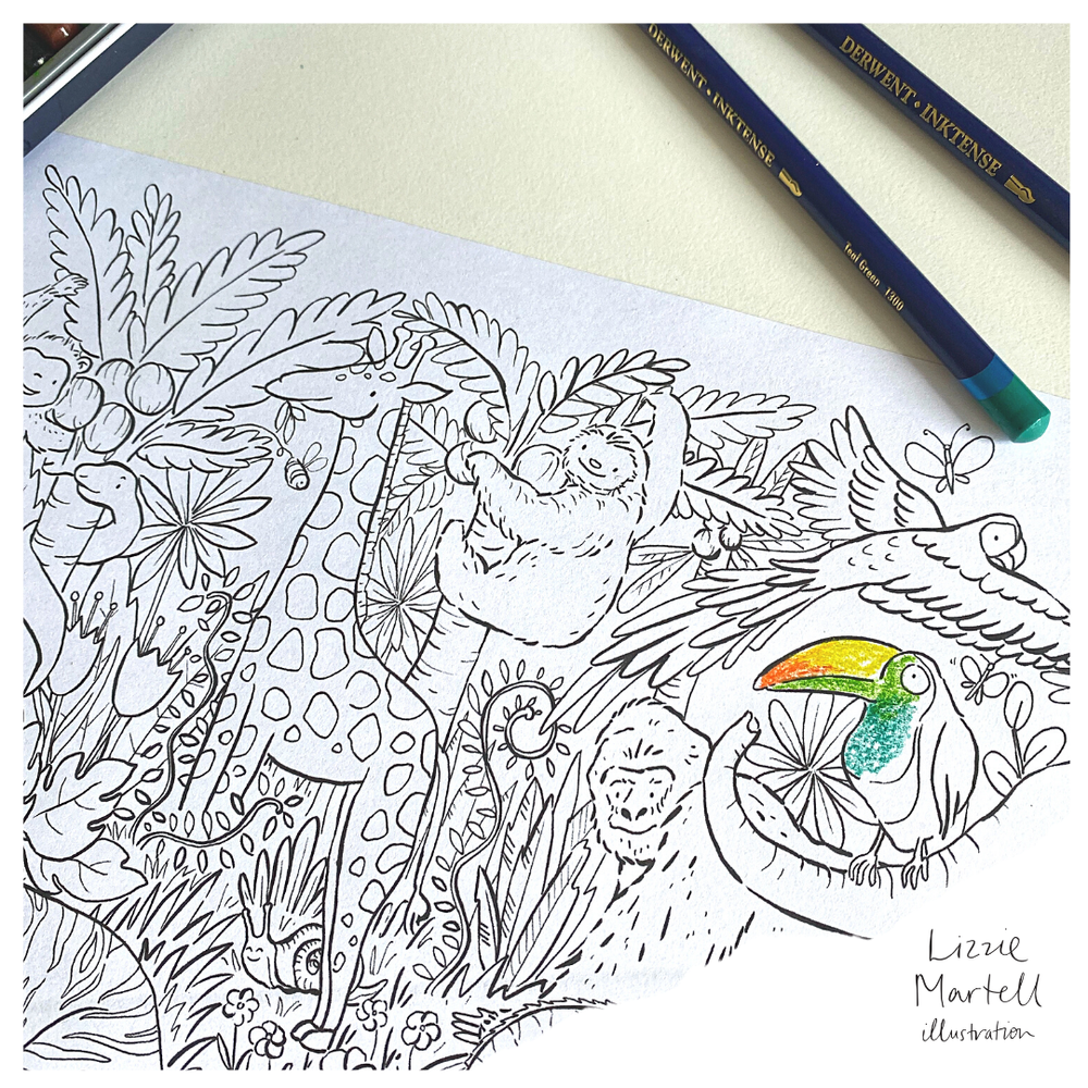 My animal jungle colouring sheet by lizzie martell â lizzie martell illustration