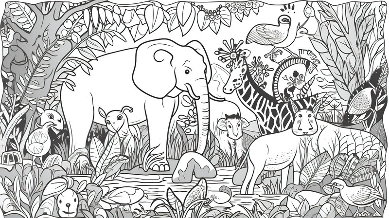 Colorful jungle animals children s coloring page featuring safari in a backgrounds jpg free download